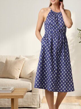 J. Crew Strappy Poplin Halter Dress - Blue Printed Midi
